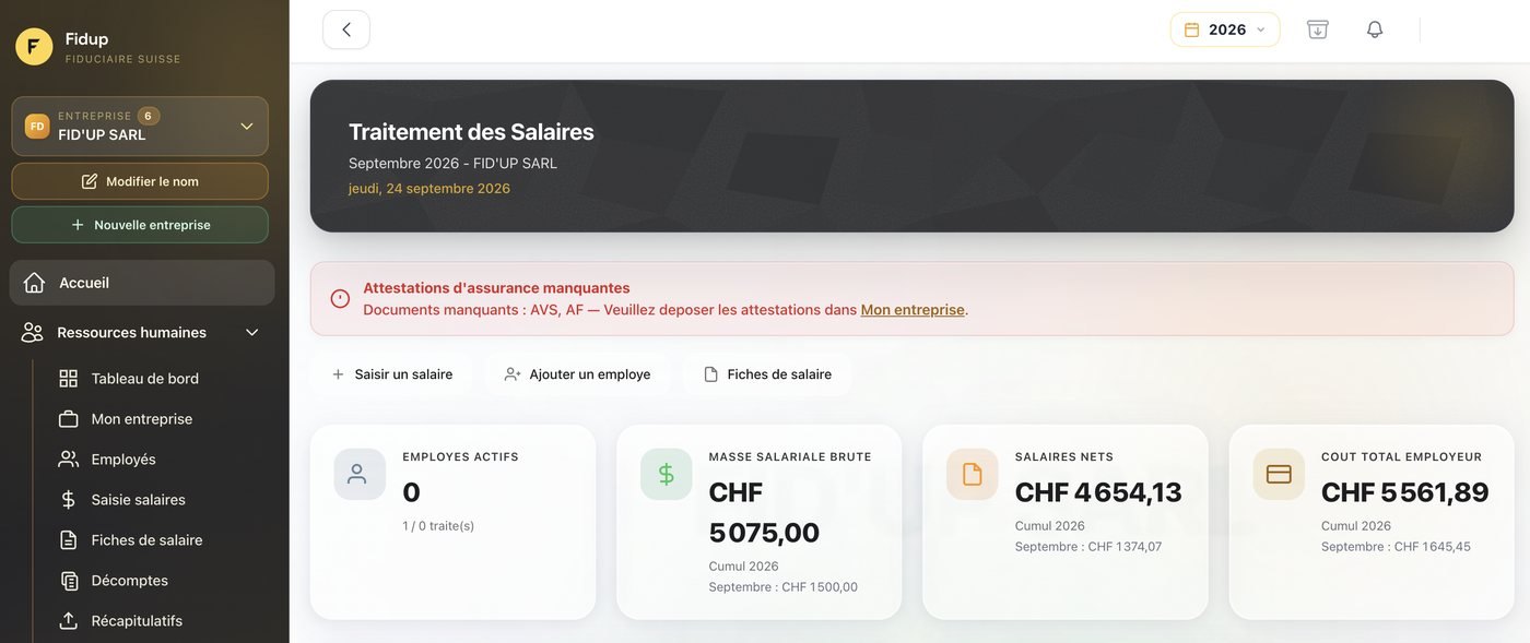 Traitement des salaires sur FID’UP : masse salariale brute, salaires nets et coût total employeur du mois